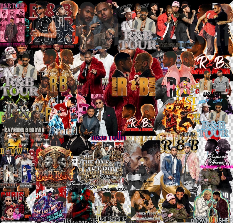 May include: A collage of images featuring multiple male figures, concert posters, and the text "R&B TOUR 2026." The design incorporates various colors, including red, black, and gold, with the names "Usher," "Chris Brown," and "Raymond Brown" prominently displayed.