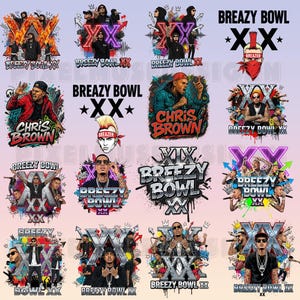 May include: A collection of graphic designs featuring the text "Breezy Bowl XX" and images of musicians. The designs incorporate vibrant colors, graffiti-style elements, and the name "Chris Brown". The overall theme is music and entertainment.
