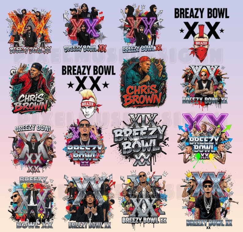 May include: A collection of graphic designs featuring the text "Breezy Bowl XX" and images of musicians. The designs incorporate vibrant colors, graffiti-style elements, and the name "Chris Brown". The overall theme is music and entertainment.
