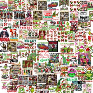 May include: A collage of Christmas-themed graphics and text. The image features various designs, including the Grinch, Santa Claus, and festive phrases like "Merry Christmas" and "Get in Loser." The color palette is dominated by red, green, and white.
