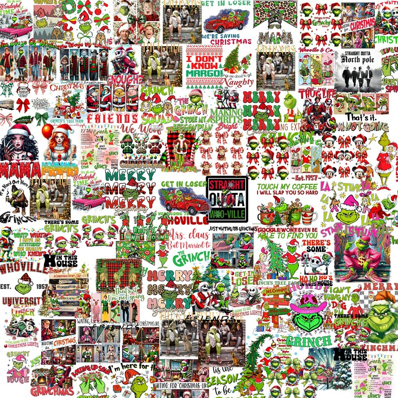 May include: A collage of Christmas-themed graphics and text. The image features various designs, including the Grinch, Santa Claus, and festive phrases like "Merry Christmas" and "Get in Loser." The color palette is dominated by red, green, and white.