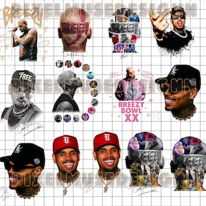 May include: A collage of images featuring Chris Brown, including portraits, album art, and promotional material. The images showcase various poses and styles, with text elements like "Breezy Bowl XX" and "FREE" on a cap.