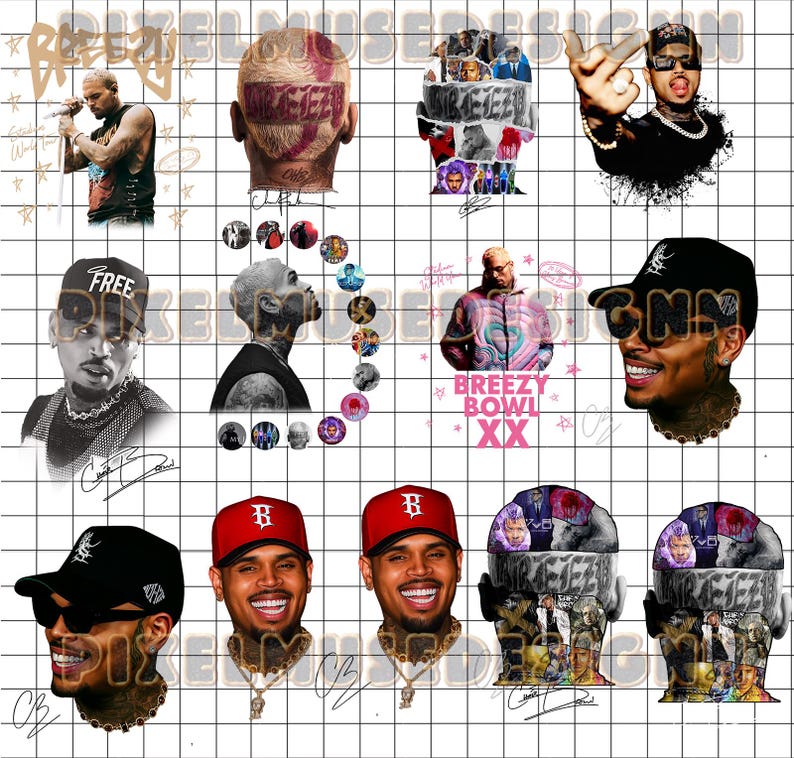 May include: A collage of images featuring Chris Brown, including portraits, album art, and promotional material. The images showcase various poses and styles, with text elements like "Breezy Bowl XX" and "FREE" on a cap.