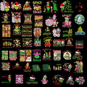 May include: A collection of Grinch-themed designs on a black background. The designs include various Grinch characters, text, and Christmas-related imagery. The color palette includes green, red, and white.