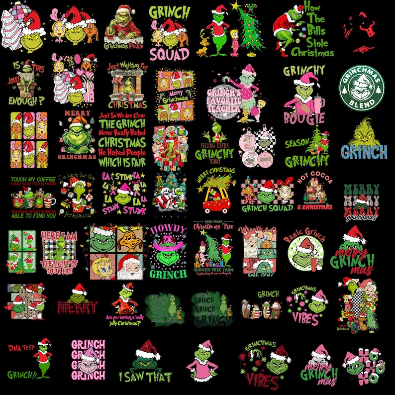 May include: A collection of Grinch-themed designs on a black background. The designs include various Grinch characters, text, and Christmas-related imagery. The color palette includes green, red, and white.