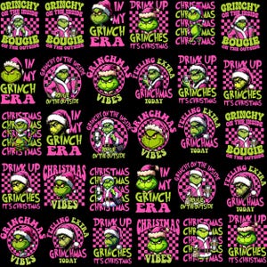 May include: A repeating pattern of Grinch-themed designs on a black background. Each design features the Grinch in a Santa hat with text like "Grinchy on the inside" and "Christmas Vibes" in pink and green.