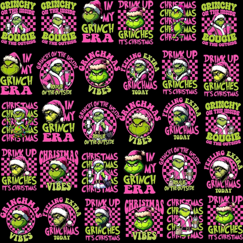 May include: A repeating pattern of Grinch-themed designs on a black background. Each design features the Grinch in a Santa hat with text like "Grinchy on the inside" and "Christmas Vibes" in pink and green.