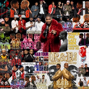 May include: A collage of images featuring Usher and Chris Brown, with text that reads "R&B Tour" and "Raymond & Brown". The images include portraits and tour graphics, with a focus on the artists and their music.