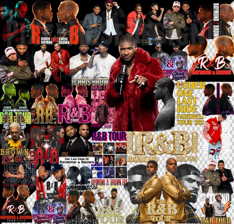 May include: A collage of images featuring Usher and Chris Brown, with text that reads "R&B Tour" and "Raymond & Brown". The images include portraits and tour graphics, with a focus on the artists and their music.