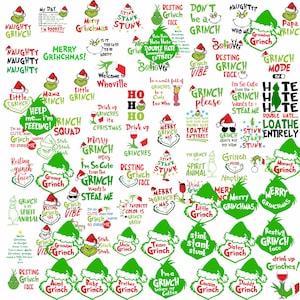 May include: A collection of Grinch-themed graphics with various phrases and images. The designs include the Grinch's face, Santa hats, and text like "Merry Grinchmas" and "Naughty Grinch".