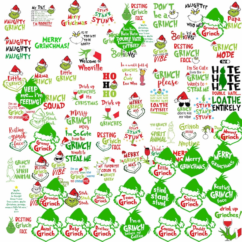May include: A collection of Grinch-themed graphics with various phrases and images. The designs include the Grinch's face, Santa hats, and text like "Merry Grinchmas" and "Naughty Grinch".