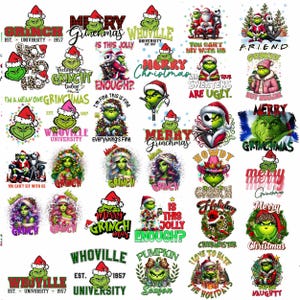 May include: A collection of Grinch-themed designs, featuring the Grinch character in various Christmas and holiday-themed settings. The designs include text such as "Merry Grinchmas", "WhoVille University", and "Is this Jolly Enough?"
