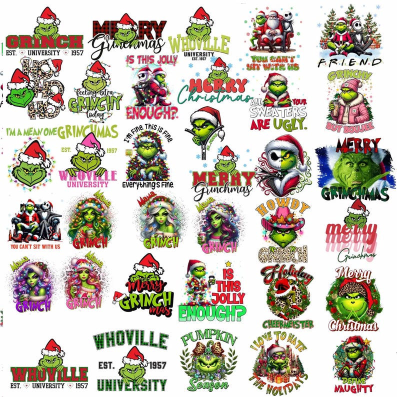 May include: A collection of Grinch-themed designs, featuring the Grinch character in various Christmas and holiday-themed settings. The designs include text such as "Merry Grinchmas", "WhoVille University", and "Is this Jolly Enough?"
