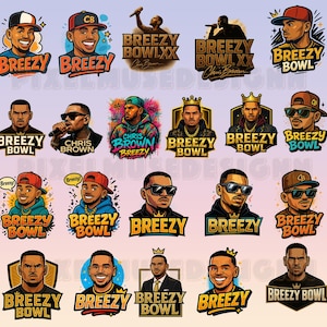 May include: A collection of colorful digital illustrations featuring Chris Brown in various poses. Each design includes the word "Breezy" and "Breezy Bowl" in bold, stylized fonts, with some designs also featuring the artist's name.