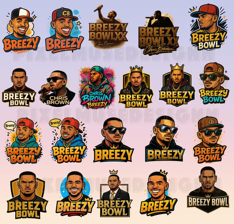 May include: A collection of colorful digital illustrations featuring Chris Brown in various poses. Each design includes the word "Breezy" and "Breezy Bowl" in bold, stylized fonts, with some designs also featuring the artist's name.