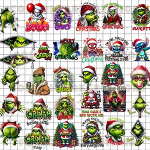 May include: A collection of Grinch-themed Christmas designs. The images feature the Grinch in various poses, wearing Santa hats, and surrounded by holiday decorations. Some designs include text like "Merry Grinchmas" and "Everything is Fine."