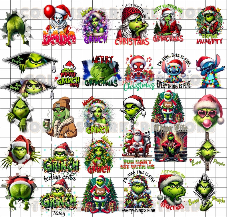 May include: A collection of Grinch-themed Christmas designs. The images feature the Grinch in various poses, wearing Santa hats, and surrounded by holiday decorations. Some designs include text like "Merry Grinchmas" and "Everything is Fine."