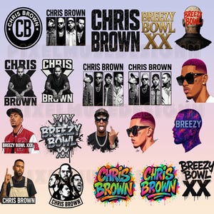 May include: A collection of graphic designs featuring the name "Chris Brown" and related imagery. Designs include portraits, logos, and text-based graphics in various styles and colors, suitable for merchandise.
