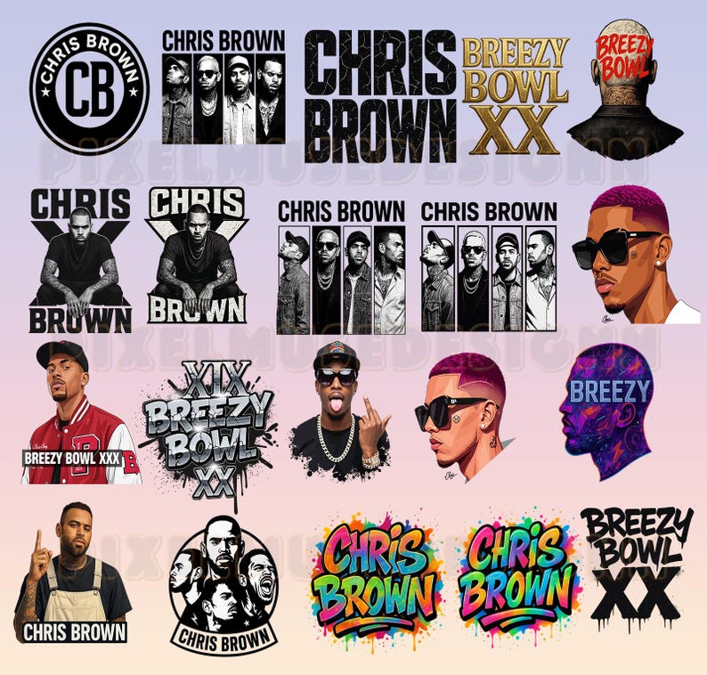 May include: A collection of graphic designs featuring the name "Chris Brown" and related imagery. Designs include portraits, logos, and text-based graphics in various styles and colors, suitable for merchandise.