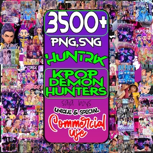 Peut inclure: Un collage coloré d'illustrations de style K-Pop et anime. Un graphique central violet et vert affiche "3500+ PNG, SVG HUNTRIX KPOP DEMON HUNTERS." Le texte "Commercial Use" est également visible.
