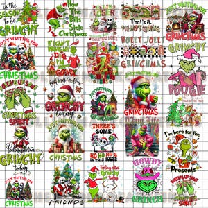 May include: A grid of Grinch-themed Christmas designs. Each design features the Grinch in various poses with text like "Grinchy," "Christmas," and "Howdy Grinch." The color palette includes green, red, and white.