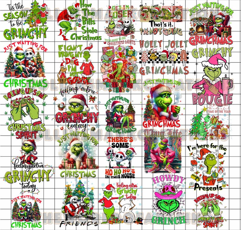 May include: A grid of Grinch-themed Christmas designs. Each design features the Grinch in various poses with text like "Grinchy," "Christmas," and "Howdy Grinch." The color palette includes green, red, and white.