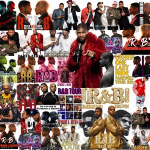 May include: A collage of images featuring Usher and Chris Brown, with text that reads "R&B Tour" and "Raymond & Brown." The images include portraits and promotional materials, with a focus on the artists and their music.