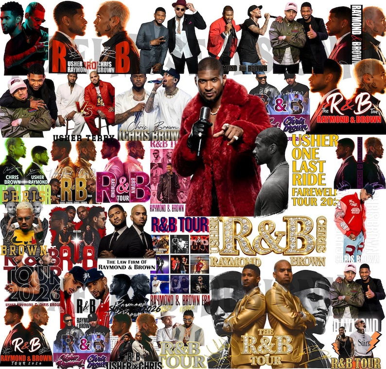 May include: A collage of images featuring Usher and Chris Brown, with text that reads "R&B Tour" and "Raymond & Brown." The images include portraits and promotional materials, with a focus on the artists and their music.