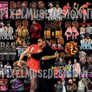 May include: A collage of images featuring Usher, Chris Brown, and Breezy, with the text "R&B Tour" and "Raymond & Brown" in various fonts and colors. The images include portraits and performance shots.