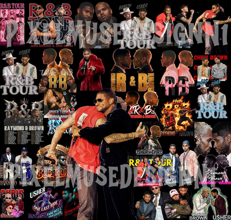 May include: A collage of images featuring Usher, Chris Brown, and Breezy, with the text "R&B Tour" and "Raymond & Brown" in various fonts and colors. The images include portraits and performance shots.