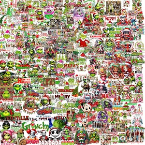 May include: A collage of Christmas-themed graphics featuring the Grinch, Santa hats, and festive text. The designs include various characters, phrases like "Merry Christmas," and holiday imagery in red, green, and white.