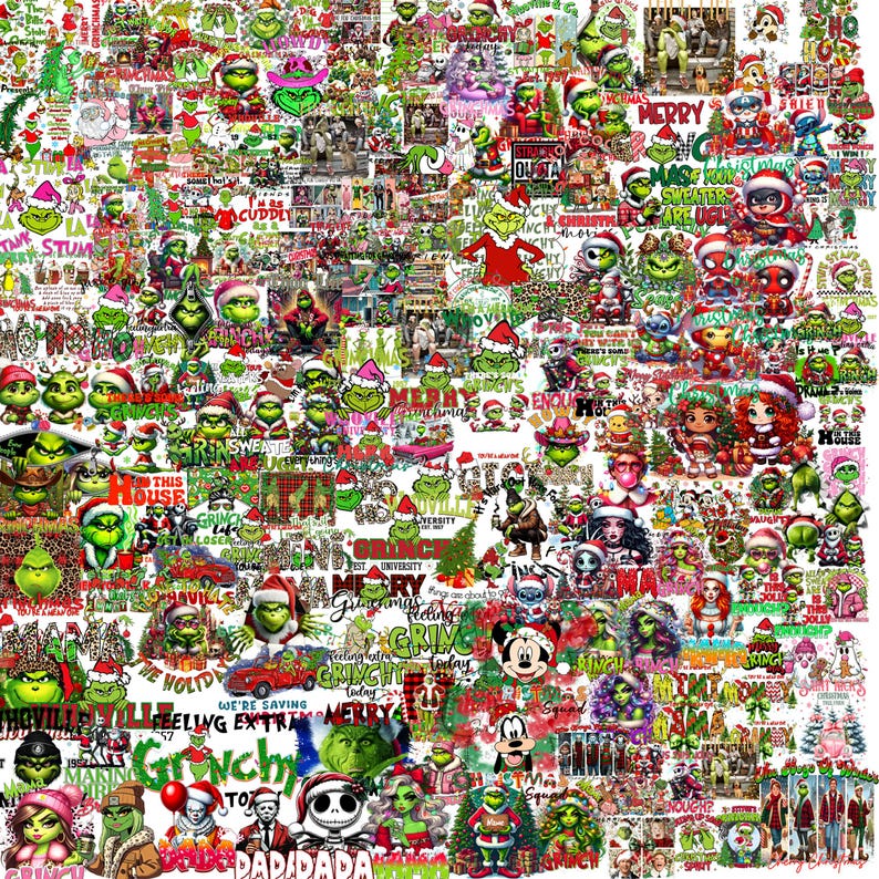 May include: A collage of Christmas-themed graphics featuring the Grinch, Santa hats, and festive text. The designs include various characters, phrases like "Merry Christmas," and holiday imagery in red, green, and white.