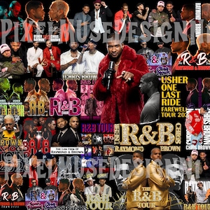 May include: A collage featuring multiple images of R&B artists, including Chris Brown and Usher. The design incorporates text elements such as "R&B Tour" and "Usher One Last Ride Farewell Tour 2024". The color palette includes red, gold, and black.