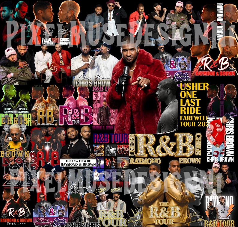May include: A collage featuring multiple images of R&B artists, including Chris Brown and Usher. The design incorporates text elements such as "R&B Tour" and "Usher One Last Ride Farewell Tour 2024". The color palette includes red, gold, and black.