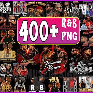 May include: A collage of R&B-themed graphics, featuring images of musicians and tour branding. The central element is a pink rectangle with the text "400+ R&B PNG". Various designs include tour logos, artist names, and promotional materials.