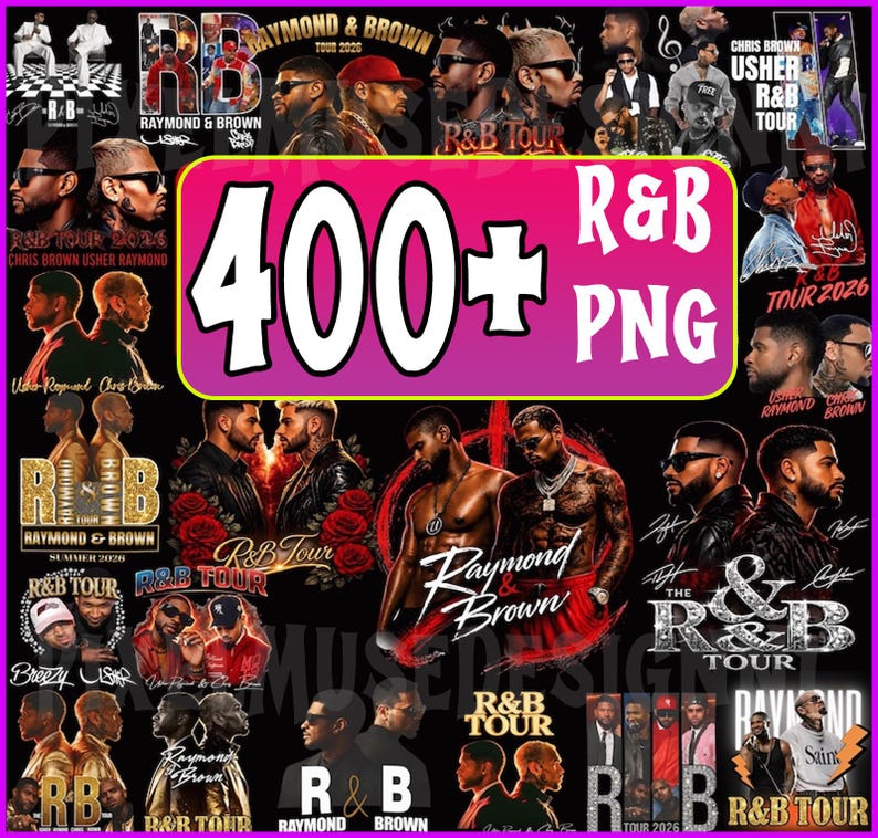 May include: A collage of R&B-themed graphics, featuring images of musicians and tour branding. The central element is a pink rectangle with the text "400+ R&B PNG". Various designs include tour logos, artist names, and promotional materials.