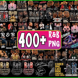 Puede incluir: Una colección de gráficos PNG con temática R&B con Chris Brown y Usher. La imagen incluye fechas de gira y materiales promocionales, con el texto "400+ R&B PNG" en un rectángulo rosa.