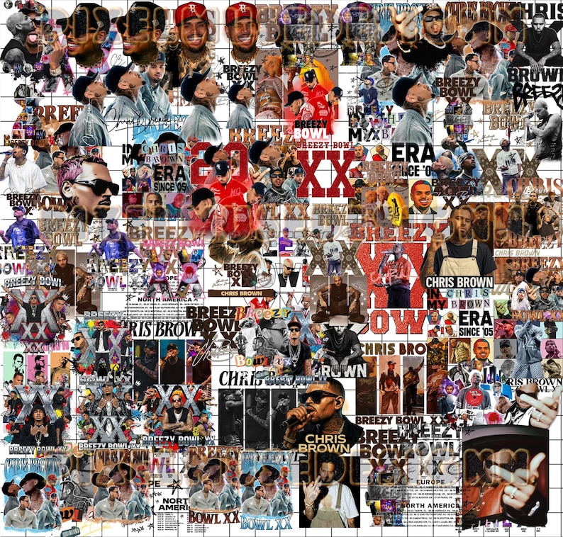 May include: A collage of images featuring Chris Brown, with text elements including "Breezy Bowl," "Era Since '05," and "Bowl XX." The images vary in style, with some in color and others in black and white.