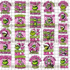 May include: A repeating pattern of Grinch-themed designs with pink and green color schemes. Each design features the Grinch in a Santa hat with various phrases like "Grinchy on the Inside" and "Christmas Vibes".