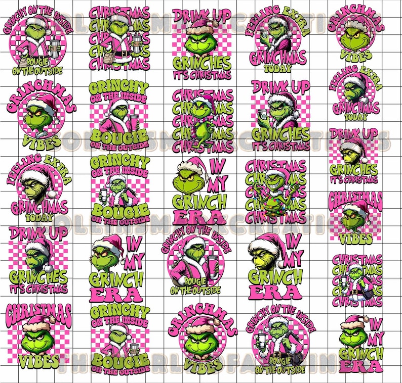 May include: A repeating pattern of Grinch-themed designs with pink and green color schemes. Each design features the Grinch in a Santa hat with various phrases like "Grinchy on the Inside" and "Christmas Vibes".