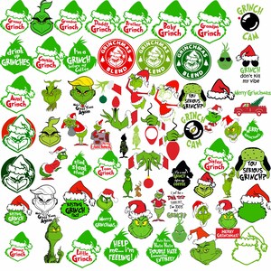 May include: A collection of green and red Grinch-themed graphics. The designs include the Grinch's face, Santa hats, and various phrases like "Merry Grinchmas" and "You Serious Grinch?" The graphics are suitable for holiday-themed crafts.