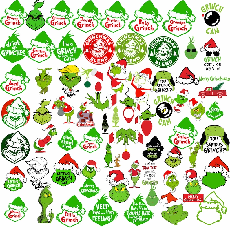 May include: A collection of green and red Grinch-themed graphics. The designs include the Grinch's face, Santa hats, and various phrases like "Merry Grinchmas" and "You Serious Grinch?" The graphics are suitable for holiday-themed crafts.