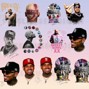 May include: A collage of images featuring a musical artist. The images include portraits, album art, and stylized graphics. The color palette is diverse, with shades of pink, purple, and black. Some images include the artist's signature and the text "Breezy Bowl XX".
