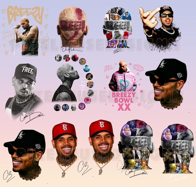 May include: A collage of images featuring a musical artist. The images include portraits, album art, and stylized graphics. The color palette is diverse, with shades of pink, purple, and black. Some images include the artist's signature and the text "Breezy Bowl XX".