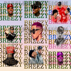 May include: A collage featuring multiple images of a person, with the word "Breezy" repeated in various colors and fonts. The images include portraits and stylized illustrations, with the word "Breezy" as a central design element.