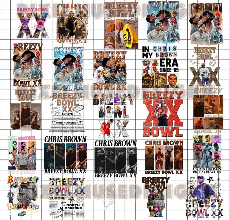 May include: A collection of graphic designs featuring Chris Brown, with text that reads "Breezy Bowl XX" and "In Chris My Brown Era Since '05". The designs include images of the artist and tour dates.