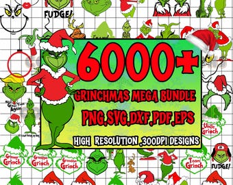 May include: A digital design bundle featuring various Grinch-themed graphics. The image includes multiple illustrations of the Grinch in different poses, wearing a Santa hat, and text that reads "6000+ Grinchmas Mega Bundle" with file type options. The designs are high resolution.