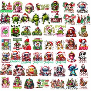 May include: A collection of Christmas-themed graphic designs featuring characters like the Grinch, Stitch, and Disney characters. Designs include text like "Merry Grinchmas" and "Christmas Squad" in various fonts and colors.