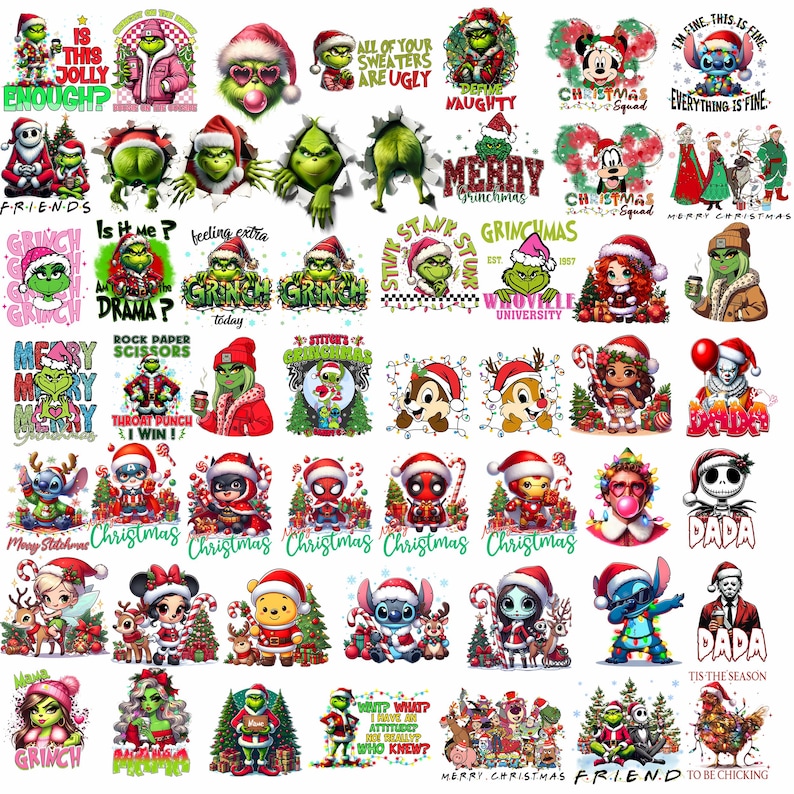 May include: A collection of Christmas-themed graphic designs featuring characters like the Grinch, Stitch, and Disney characters. Designs include text like "Merry Grinchmas" and "Christmas Squad" in various fonts and colors.