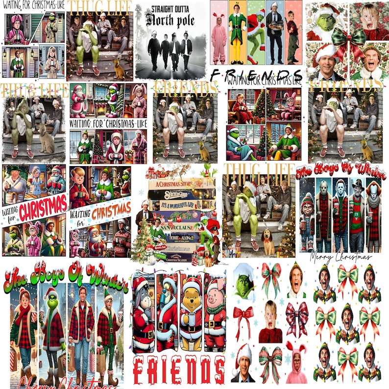 May include: A collage of Christmas-themed images featuring characters from movies and TV shows. The images include the Grinch, Santa Claus, and characters from "A Christmas Story" and "Friends". The text "Waiting for Christmas Like" and "The Boys of Winter" are also visible.